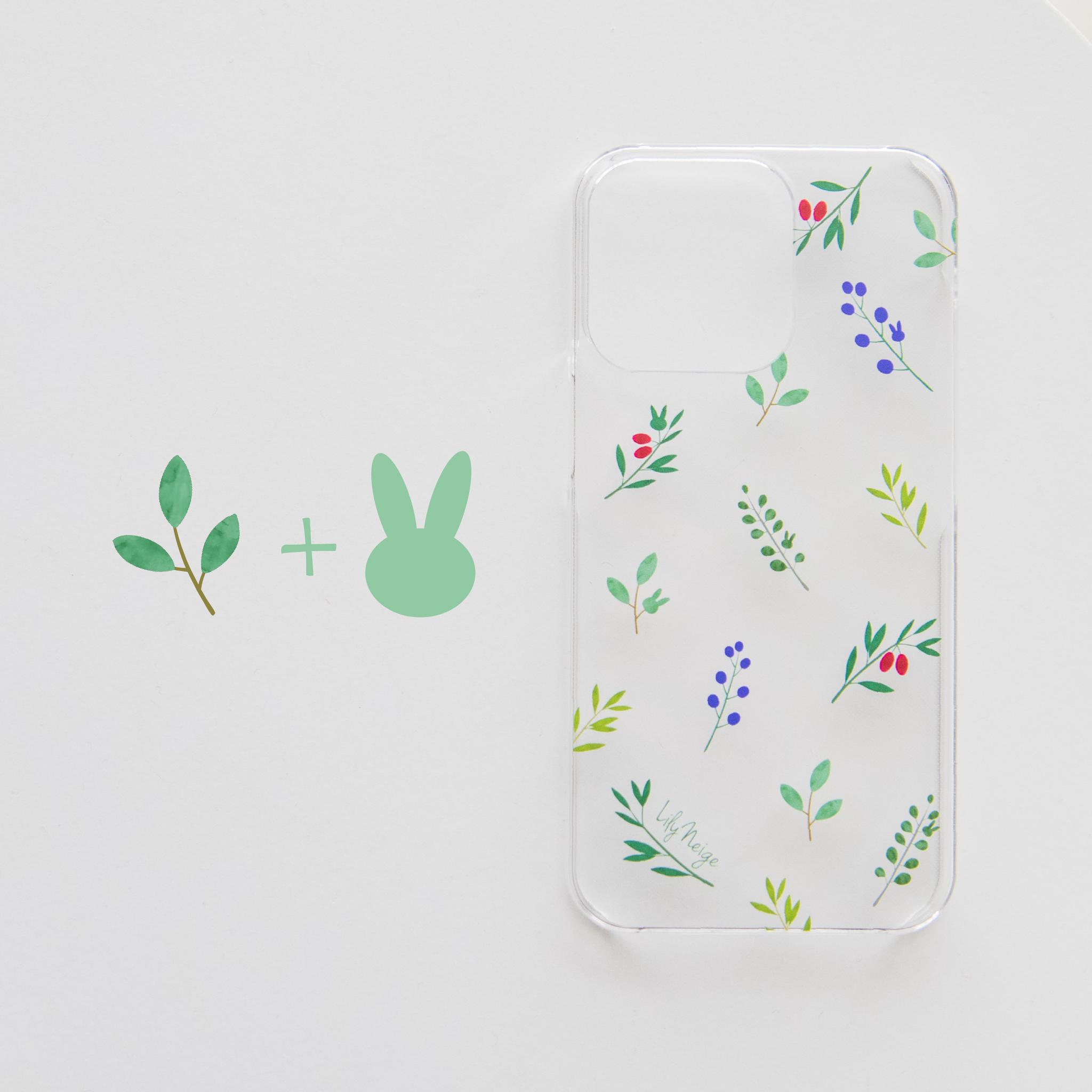 ボタニカル柄の中にウサギなスマホケース　かわいい北欧風　植物柄　スマホカバー　ケース1枚目の画像